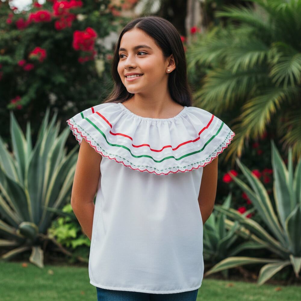 Mexican Blouse with Lace Trim – Lightweight Cotton Blend Ruffle Top ( Size 12 )